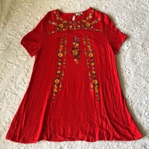 Boho Red Flower Embroidered Shift Dress